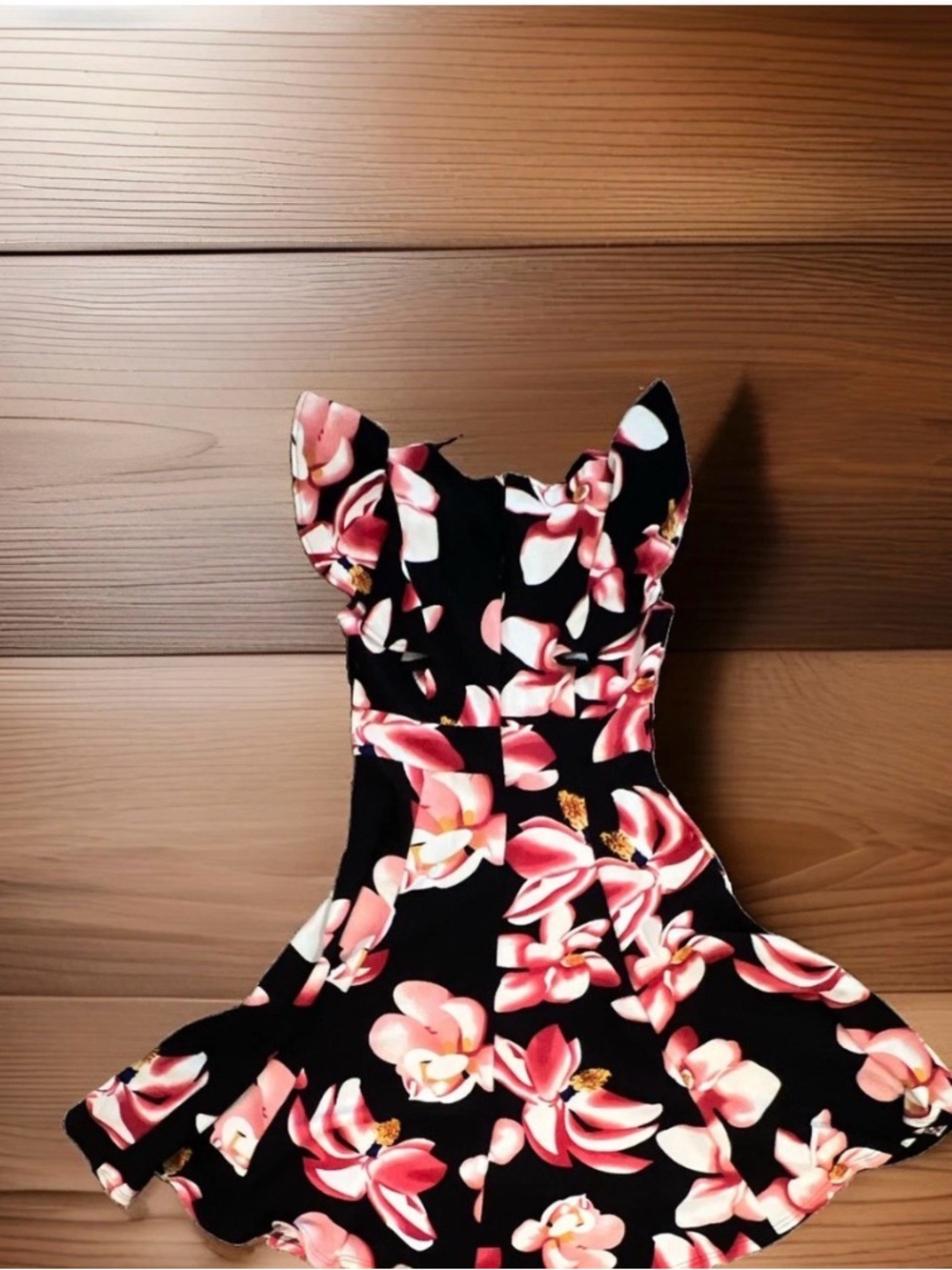 Black Floral Ruffle-Shoulder Casual Dress in Pink Blossom